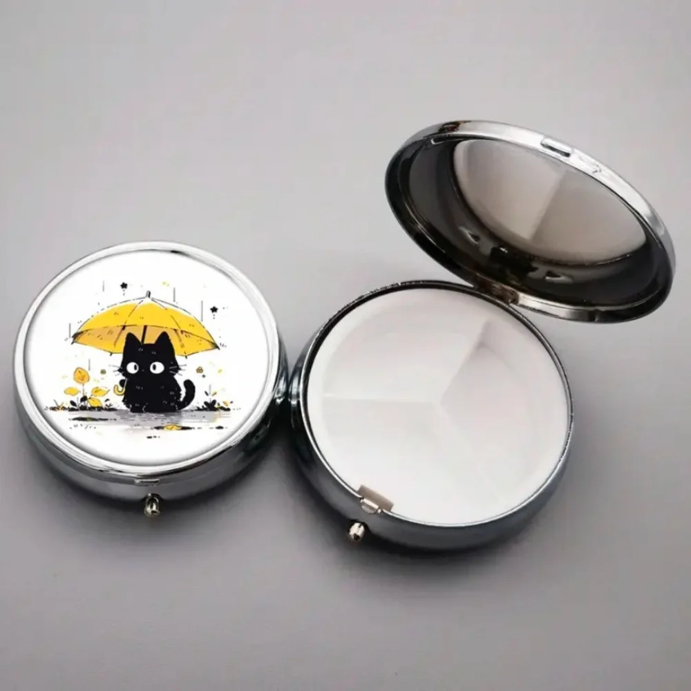 NIB Compact 3-Compartment Metal Pill Case with Black Cat Design - Picture 12 of 13